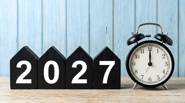 A black alarm clock sitting next to four black wooden house-shaped blocks arranged in a row, each displaying a digit to form the year 2027, set against a light blue painted wooden plank wall
