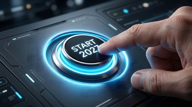 A close-up of a human finger pressing a glowing circular start button labeled 2027 on a dark metallic control panel with blue light rings and digital interface in a futuristic technology setting