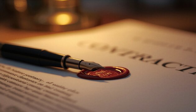 Fountain pen on official legal contract paper with red wax seal