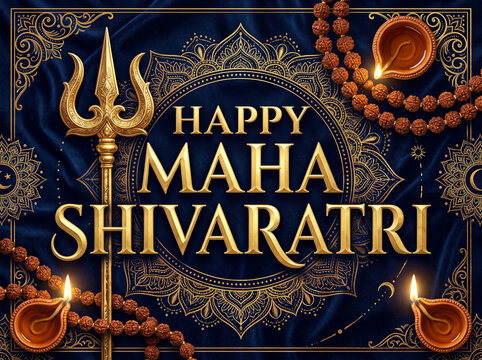 Golden trident and burning oil lamps with intricate mandala pattern on dark blue silk backdrop for maha shivaratri.