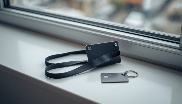 Black leather lanyard badge holder and smart key card on windowsill