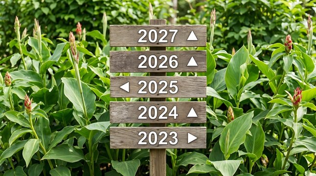 A wooden signpost with five horizontal planks pointing in different directions, each labeled with a year from 2023 to 2027, surrounded by lush green foliage and tropical plants in an outdoor garden
