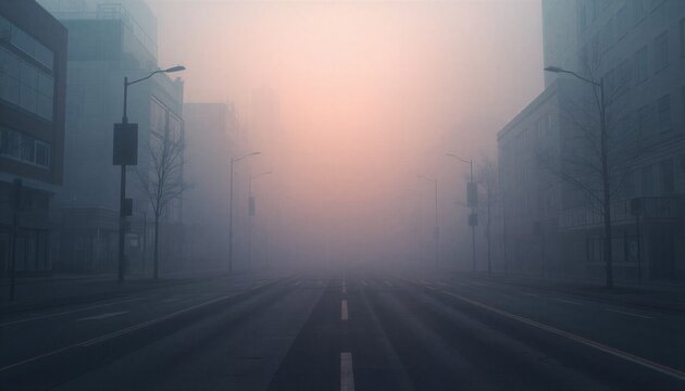 Empty city street covered in thick fog during sunrise or sunset