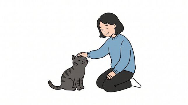 Happy girl gently stroking a domestic striped cat head for pet companionship concept vector art.