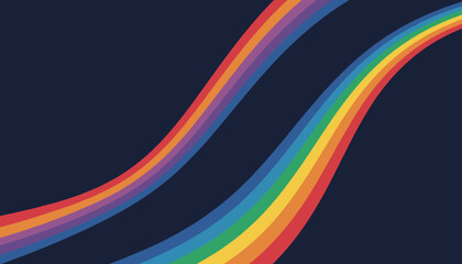Obraz premium Colorful retro rainbow waves flowing diagonally across a dark blue background create a vintage aesthetic.