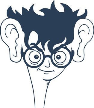 Nerd student with big ears, glasses, goofy charm, expressive face, humorous attitude