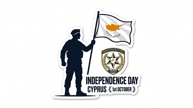 Soldier salutes while holding Cyprus flag on Independence Day celebration graphic.