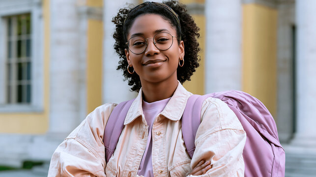 confident young woman with curly hair smiling outdoors on a college campus representing student life and modern education