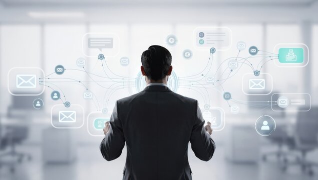 Businessman interacting with digital communication icons on futuristic wall