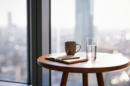 Modern Office Lounge with Wooden Table, Notebook, Coffee Mug and City Skyline View
