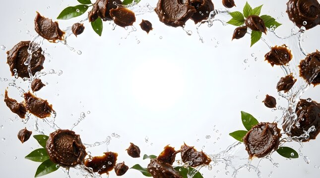 Dark brown food spread blobs floating with water splashes and green leaves on a white background