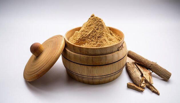 Fresh Organic Jaggery Powder Inside Open Wooden Jar On White Background Perfect For Food Design And Natural Product Display