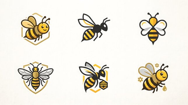 Vector set of bee logo designs, featuring cute mascot characters, dynamic modern icons, and honeybee illustrations with honeycombs and shields