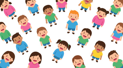 Fototapeta premium Cartoon children group looking up, diverse happy kids characters in bird's eye view, multiethnic elementary students vector pattern