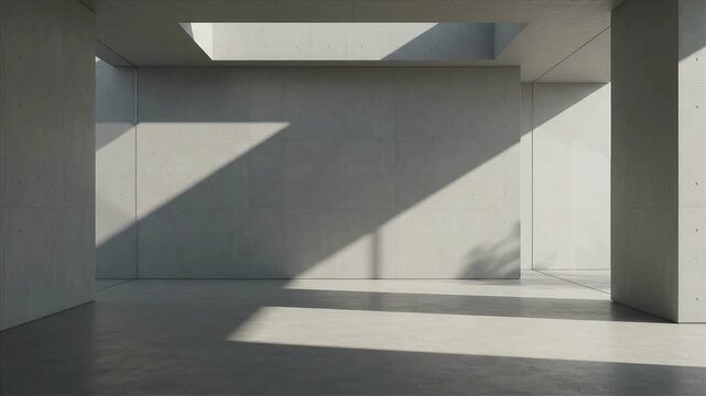 Soft sunlight shifting across a minimalist concrete interior wall and floor, creating moving architectural shadows and a calm contemporary background.
