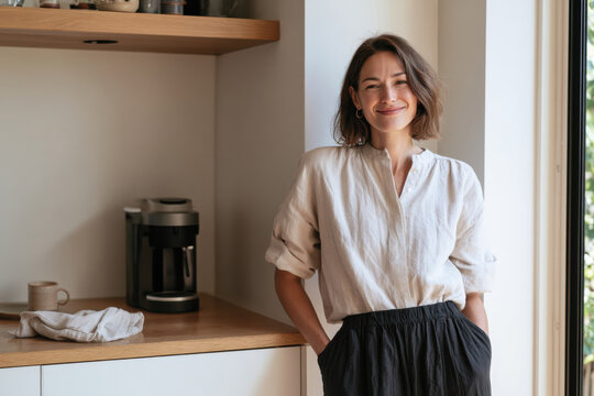 A joyful woman stands in a modern, minimalist kitchen, exuding warmth and happiness, showcasing a blend of contemporary style and comfort in everyday life.