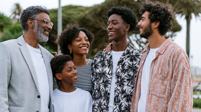 smiling family group bonding together while walking casually through outdoor park during pleasant day