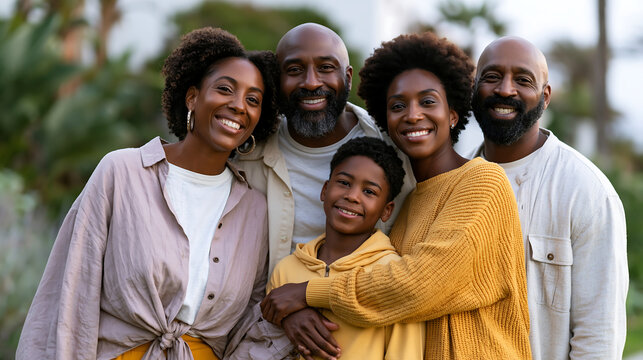 smiling family group bonding together while walking casually through outdoor park during pleasant day