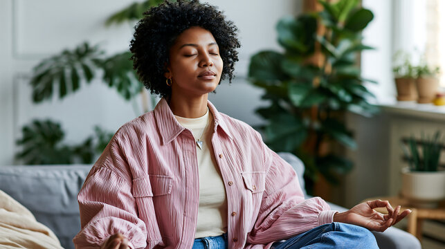 fashionable woman enjoying comfortable moment while sitting in wicker chair with pink aesthetic backdrop