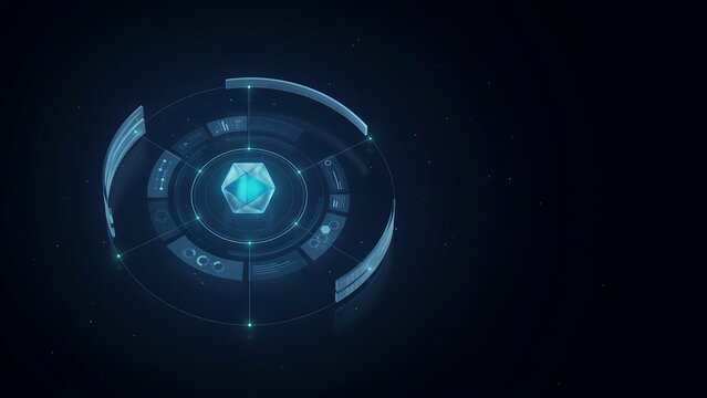 Glowing blue geometric crystal core inside a circular digital interface with data rings and holographic on a dark background