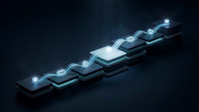 Glowing blue light path connecting a series of stacked black platforms, representing a digital workflow or step-by-step progress