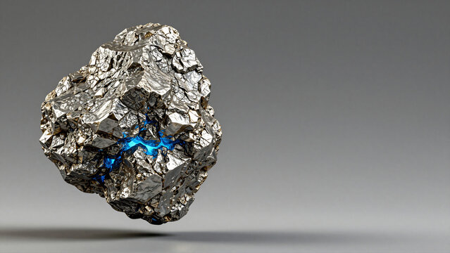 Raw mineral ore with blue internal glow on gray background