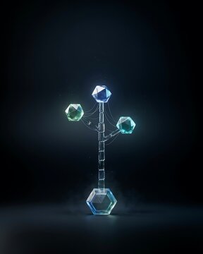 Glowing geometric tree structure with floating crystal polyhedrons and thin connecting spider web filaments on dark background