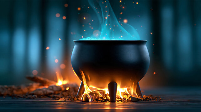 Mystical scene featuring cauldron bubbling over open fire in dark forest, glowing sparks rising up, ideal for fantasy, magic, and Halloween themes, with copy space