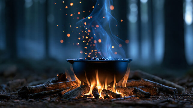 Mystical scene featuring cauldron bubbling over open fire in dark forest, glowing sparks rising up, ideal for fantasy, magic, and Halloween themes, with copy space
