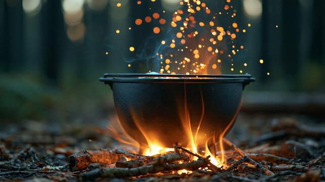 Mystical scene featuring cauldron bubbling over open fire in dark forest, glowing sparks rising up, ideal for fantasy, magic, and Halloween themes, with copy space