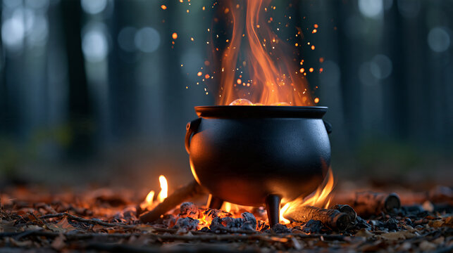Mystical scene featuring cauldron bubbling over open fire in dark forest, glowing sparks rising up, ideal for fantasy, magic, and Halloween themes, with copy space