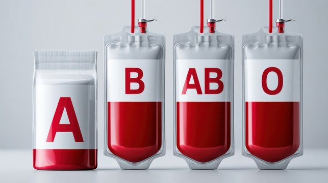 Four blood bags labeled A, B, AB, and O are arranged next to each other, with tubes and connections visible. The blood is red, and the bags are filled to different levels