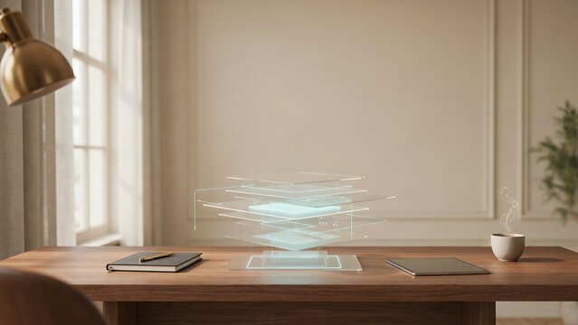 Holographic digital interface floating above a wooden office desk with a notebook and a coffee cup in a bright room with soft lighting