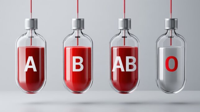 A row of four blood bags, labeled A, B, AB, and O, filled with red and white liquid respectively