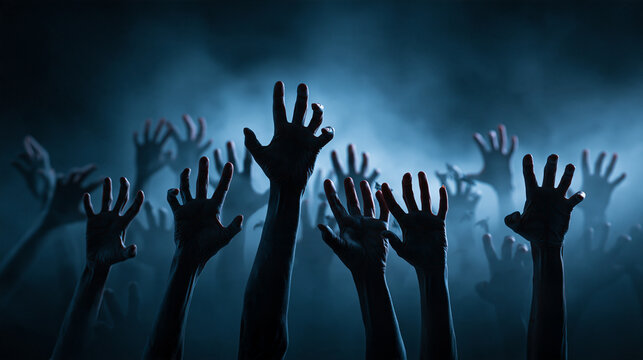 Halloween night background of numerous scary and creepy zombie faceless hands rising from dark shadows, creating spooky atmosphere ideal for horror themed celebrations, with copy