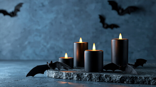 Dark, eerie setting with bats, candles, and stone platform, creating haunting atmosphere ideal for Halloween or spooky themes, with copy space