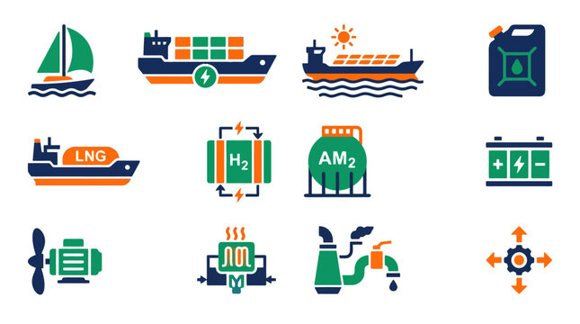 A collection of icons illustrating various aspects of maritime transport, alternative energy sources, and industrial processes.