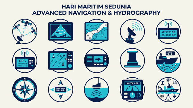 A collection of advanced navigation and hydrography icons, illustrating various maritime technologies and tools for World Maritime Day.