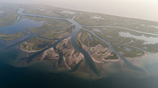 Abstract Aerial River Delta Texture with Radiating Water Channels and Sediment Forms