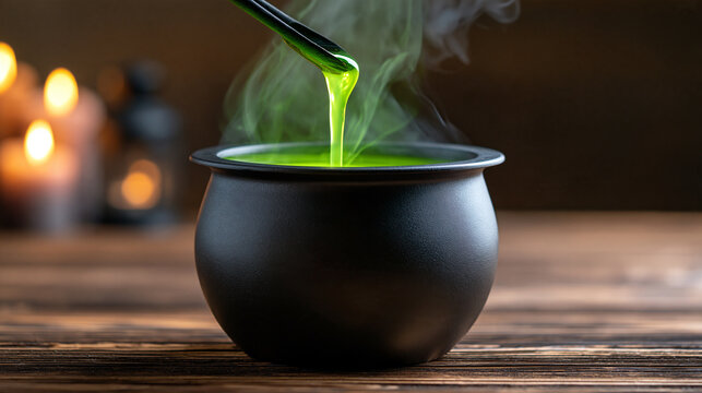 Steaming cauldron of vibrant green liquid in rustic setting, evokes mystery, fantasy, magic, ideal for Halloween, fantasy novels, occult themes, with copy space