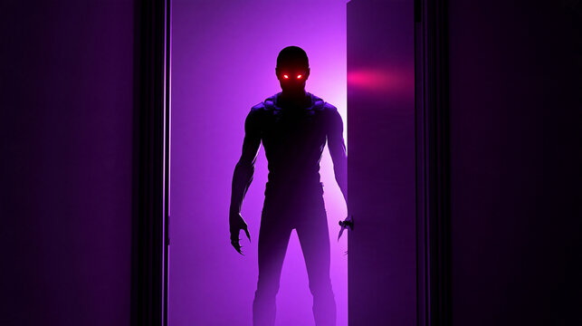 Dark shadow monster with glowing red eyes standing in doorway, spooky tall creature silhouetted against purple neon light, supernatural horror concept ideal for Halloween, with
