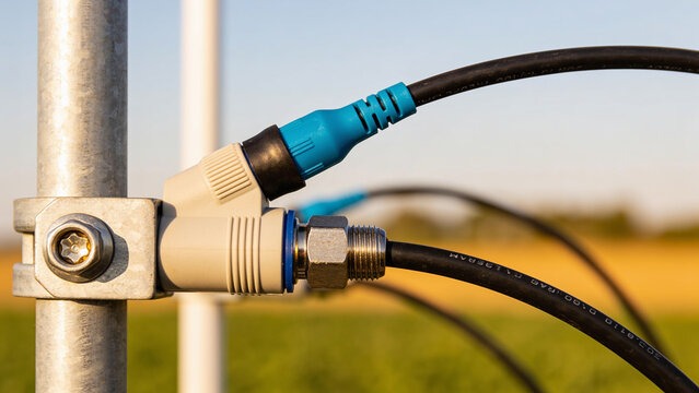 IoT soil sensor connection for smart farming in field setup during sunny day