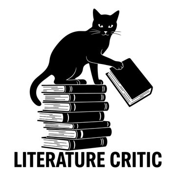 Black Cat Sitting on Stack of Books Holding Another Book, Literature Critic Text