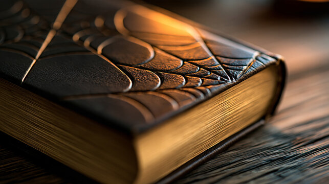 Old magic book featuring dark leather cover with spider web motif and worn, golden-edged pages, ideal for gothic themes, with copy space