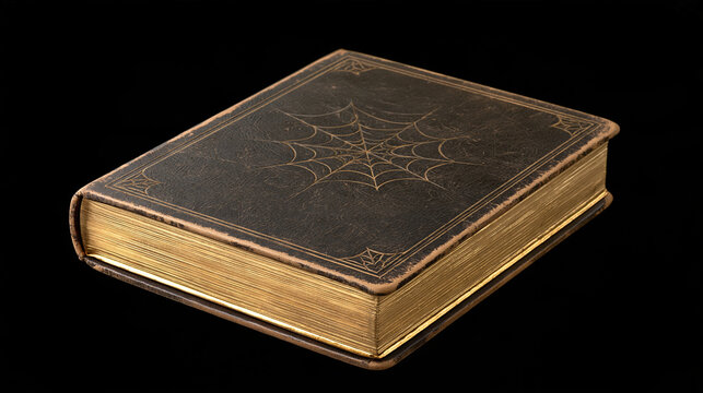 Old magic book featuring dark leather cover with spider web motif and worn, golden-edged pages, ideal for gothic themes, with copy space