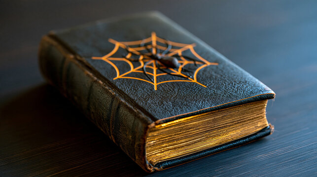 Old magic book featuring dark leather cover with spider web motif and worn, golden-edged pages, ideal for gothic themes, with copy space