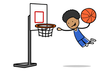 Afrikanisches Cartoon Kind macht Slam Dunk beim Basketball Spiel © Robert Kneschke