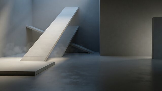 Minimalist architectural interior with concrete walls, angular geometric platforms, soft shadows, and atmospheric fog in a dim, grey space