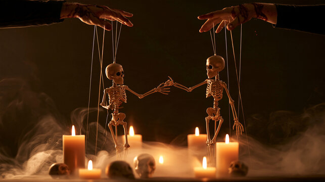 Spooky Halloween scene with skeleton puppets controlled by bloody faceless hands, dancing around lit candles and enveloped in mist, ideal for Halloween themes, horror designs,