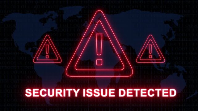 Cyber security alert background, featuring glowing red, warning triangles and, digital map interface, with flashing text, security issue detected, for data breach, protection and network